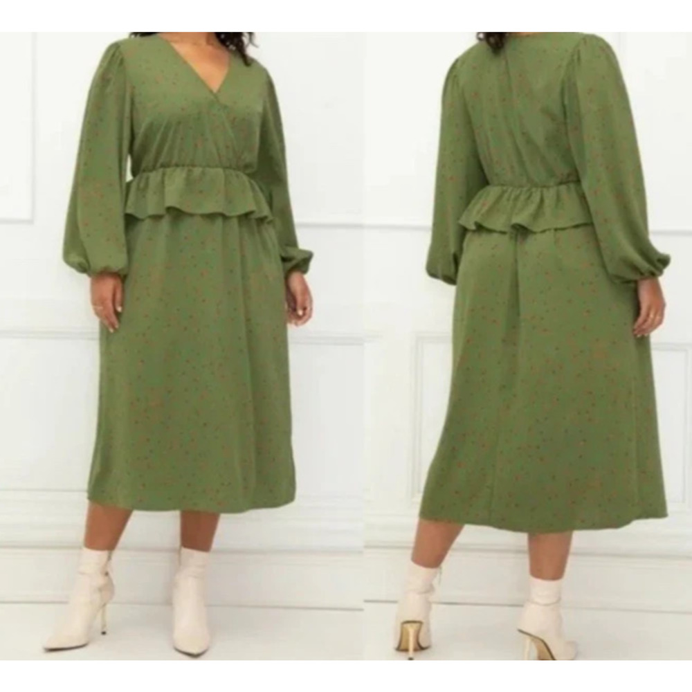 ELOQUII Dress Womens size 18 Green Floral V-Neck Peplum Ruffle Waist Pullover